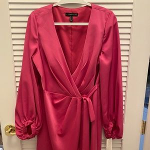 Aidan Mattox Long Balloon Sleeve Satin Wrap Dress 14 Geranium.